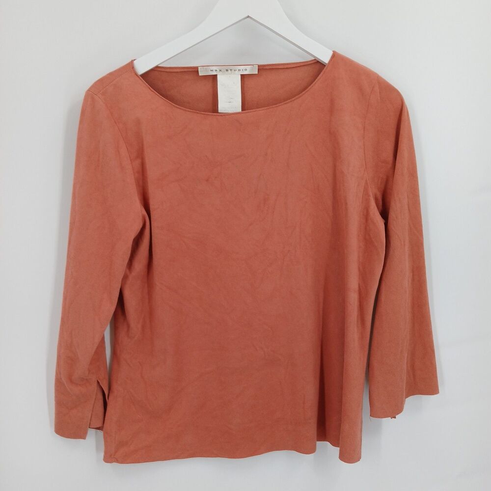 Max Studio Womens Rust Orange Faux Suede Crewneck Top Size Large